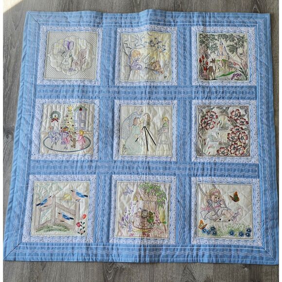 Sweet Handmade One of a Kind 38" Square Quilt ~ Detailed Embroidered Panels - Picture 1 of 16